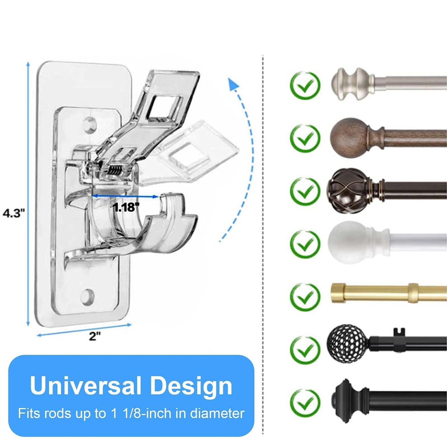 Adjustable Plastic Nail-Free Curtain Rod Clip (Pair)