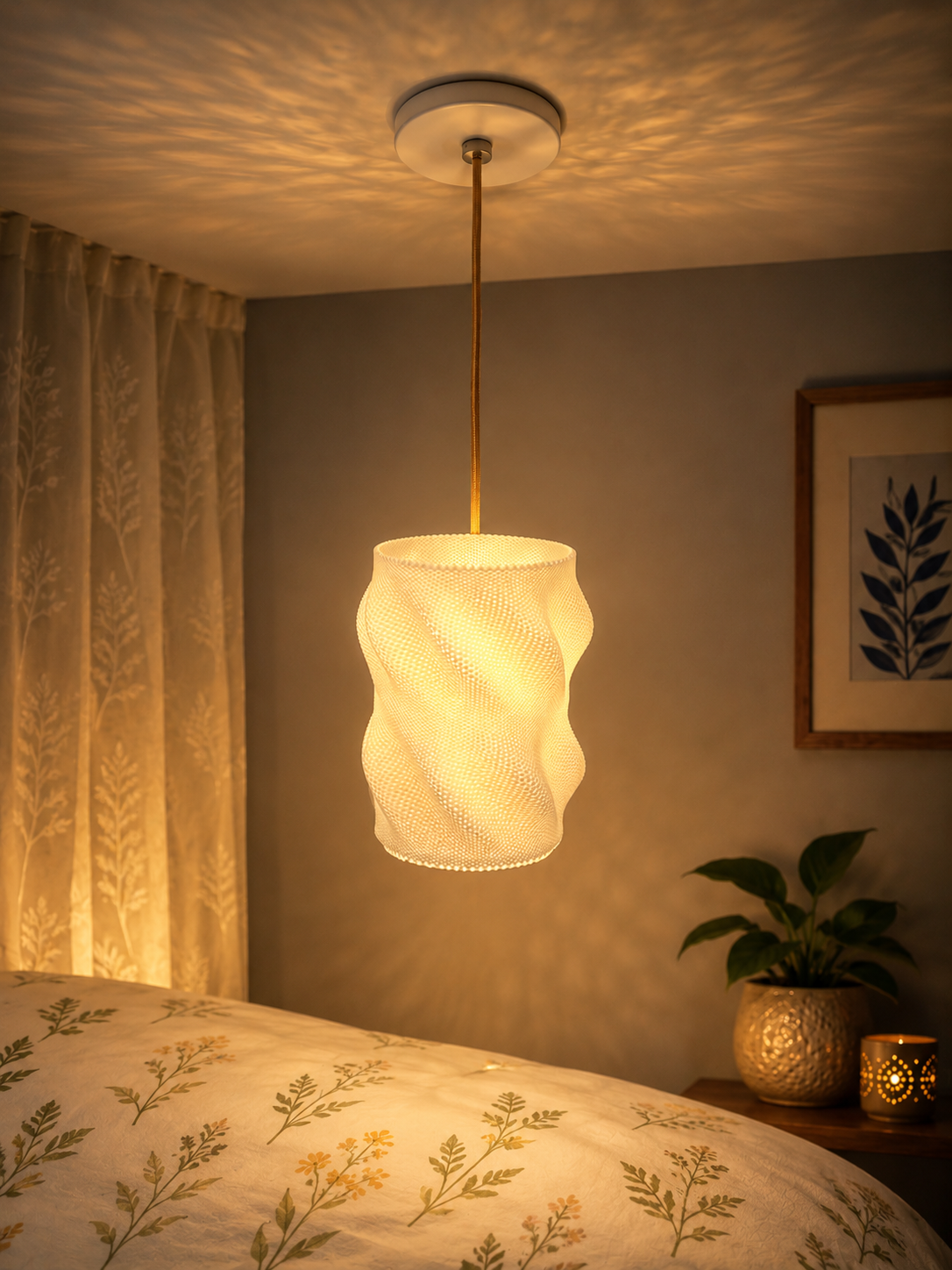 Modern Golw 3D Textured Ceiling Hanging Pendant Night Lamp with Warm LED Light – Elegant Home & Bedroom Decorative Lamp